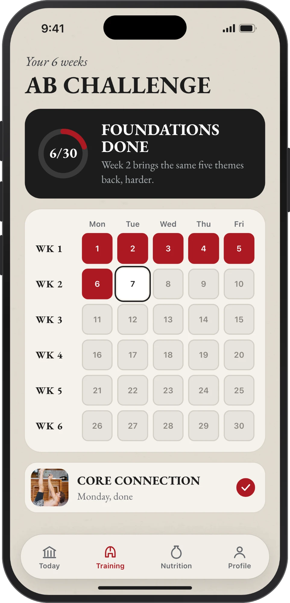 GENNOFIT app training screen: the 6-week ab challenge calendar with completed days in red