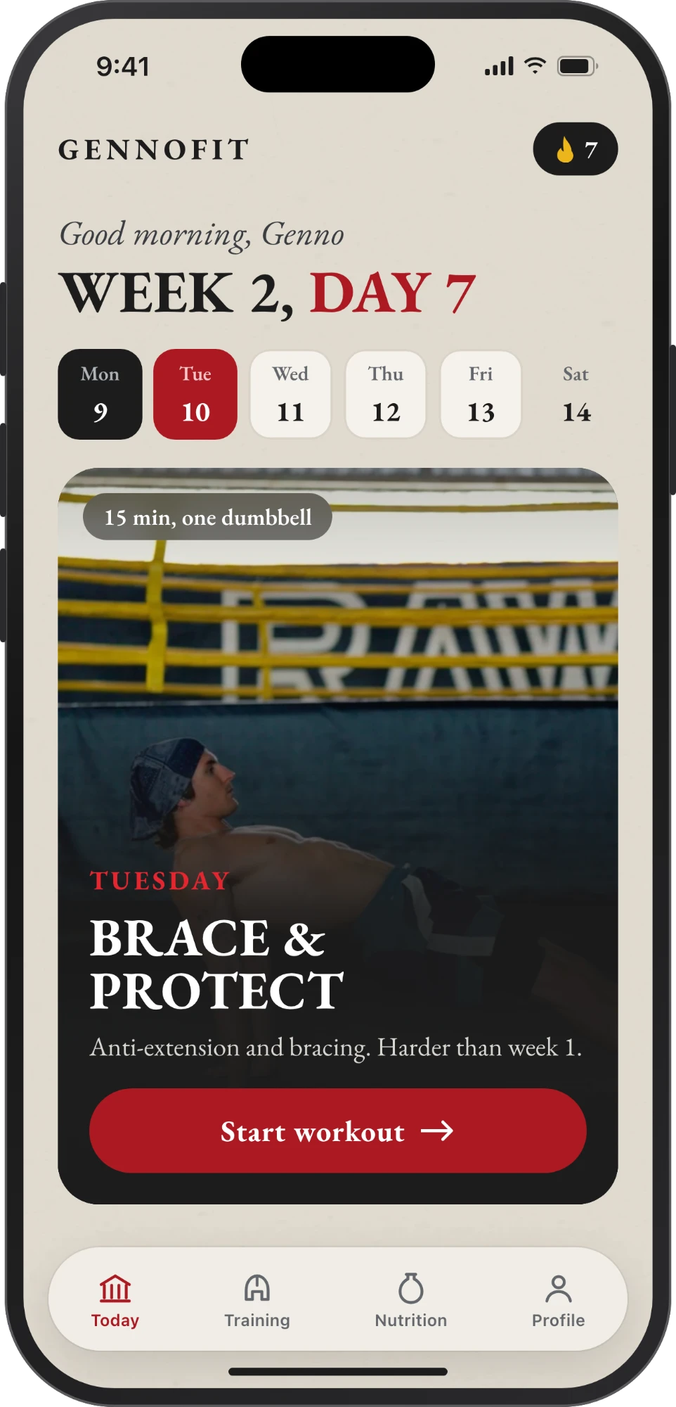 GENNOFIT app home screen: Week 2, Day 7, today's workout Brace and Protect